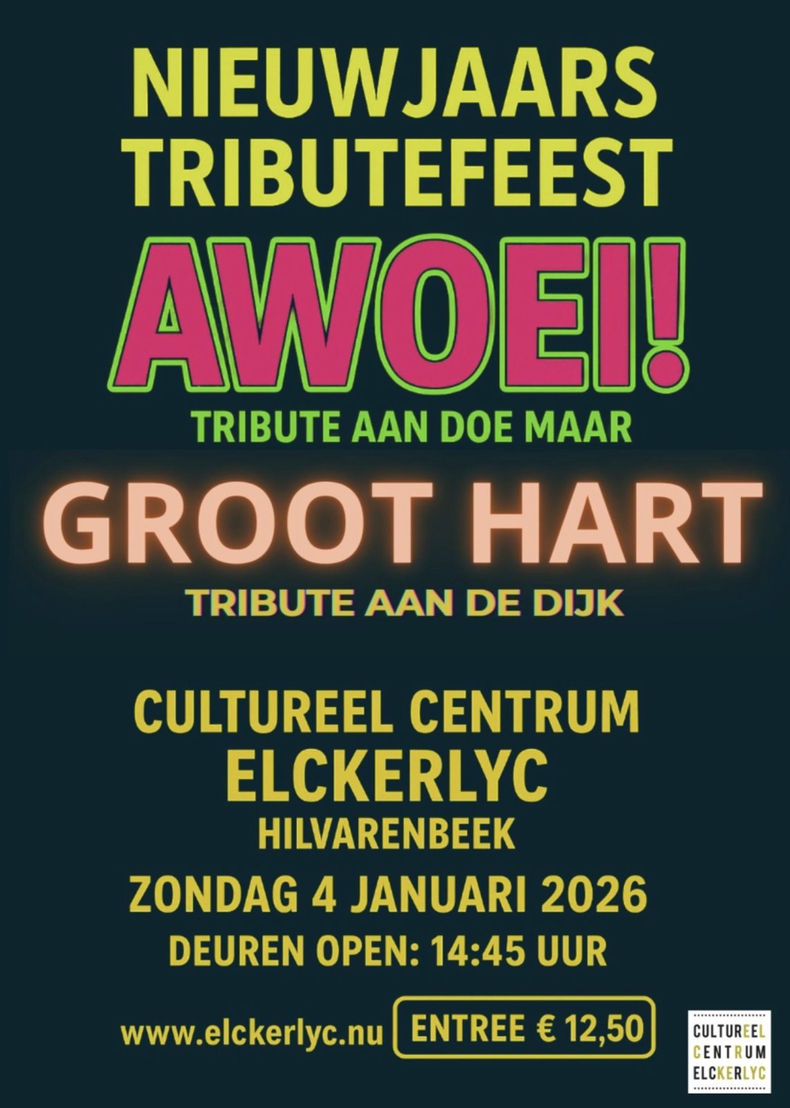 Poster Nieuwjaars Tributefeest — AWOEI! en Groot Hart, Cultureel Centrum Elckerlyc Hilvarenbeek, 4 januari 2026